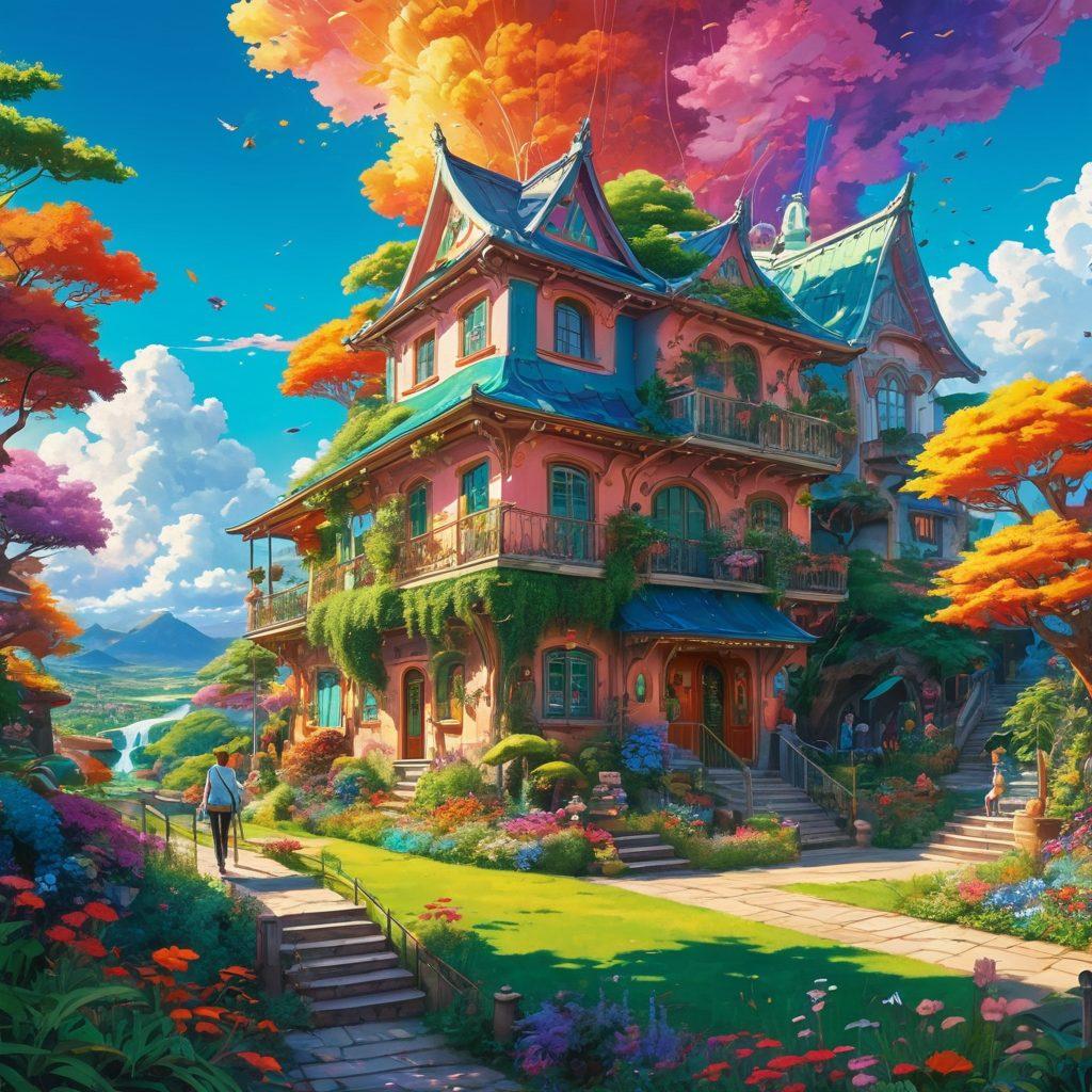 A vibrant, surreal landscape filled with colorful, abstract anime characters enjoying various joyful activities in a fantastical world. Lush greenery, whimsical buildings, and bright skies create an immersive atmosphere of happiness and creativity. The characters should express happiness through dance, laughter, and playfulness, capturing the essence of adult themes infused with anime art. super-realistic. vibrant colors. whimsical style.