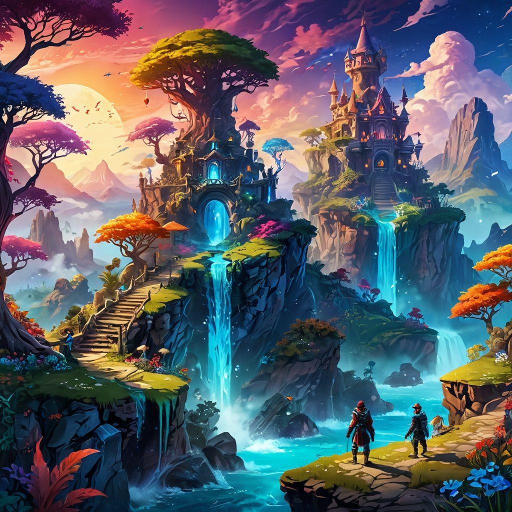 A whimsical blend of Xentai art style, featuring surreal landscapes merging with interactive entertainment scenes. Include vibrant characters engaging with fantastical elements, showcasing the fusion of fantasy and reality. Light-hearted, playful atmosphere with bright colors and expressive details. Imagine a world where Xentai art breathes life into an enchanting gaming universe. vibrant colors. fantasy art.