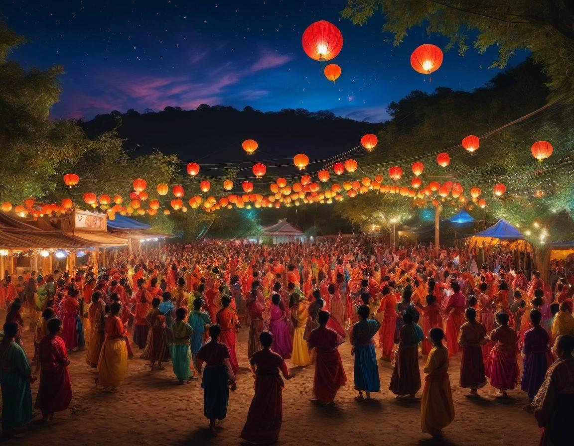 A breathtaking landscape showcasing the colorful festivities of Xentai culture, with people in traditional attire dancing joyfully under a sky filled with vibrant lanterns. Include intricate patterns of Xentai art on clothing and decorations, surrounded by lush greenery and traditional architecture. Capture the essence of celebration and community in an explosion of colors. super-realistic. vibrant colors. dynamic composition.